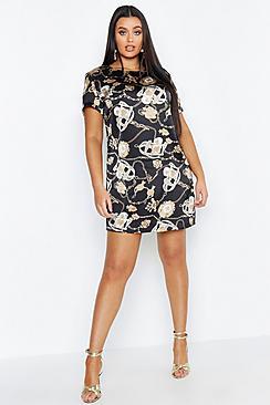 Boohoo Plus Satin Chain Printed Shift Dress