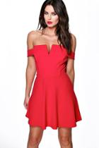 Boohoo Elizabeth Off The Shoulder Bodice Skater Dress Poppy