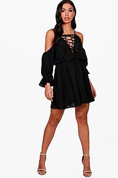 Boohoo Lana Lace Up Front Off The Shoulder Skater Dress
