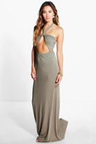 Boohoo Sara Bandeau Bow Front Maxi Dress Khaki