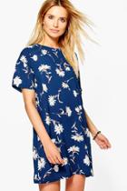 Boohoo Victoria Floral Printed Shift Dress Navy