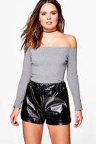 Boohoo Evie Ribbed Off The Shoulder Top Grey