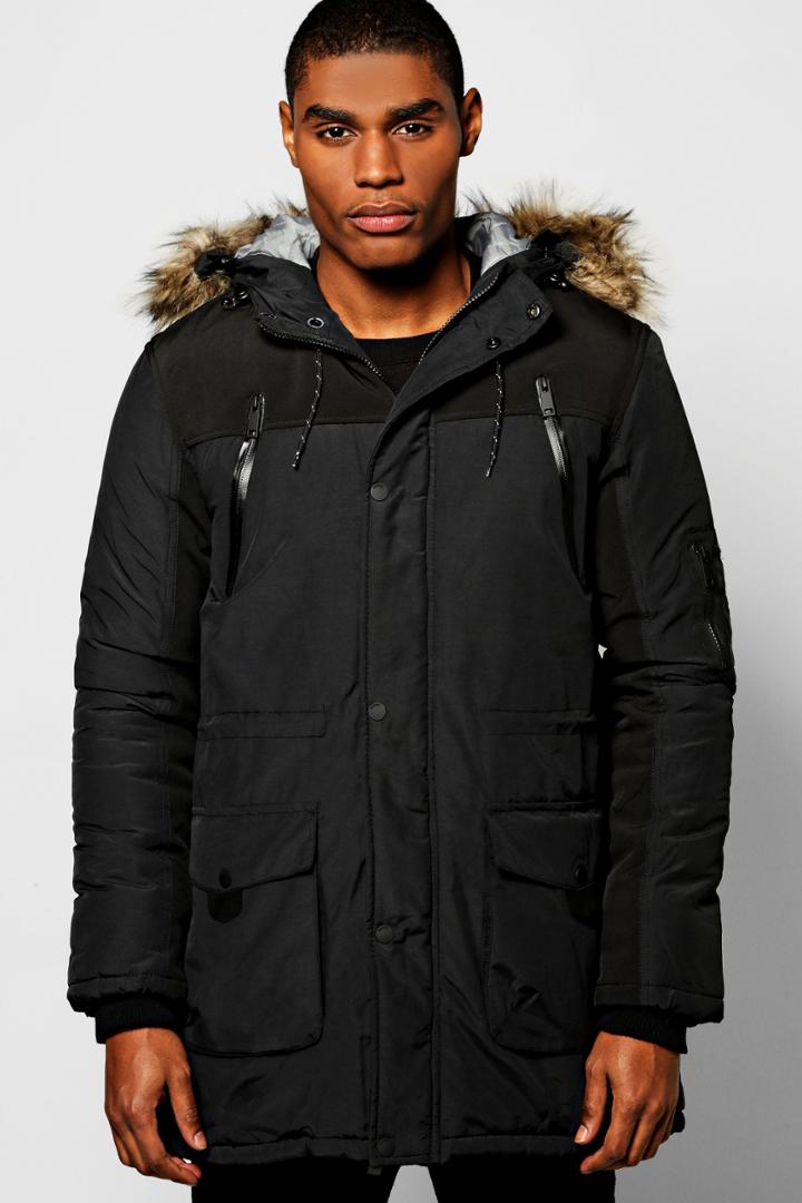 Boohoo Multi Parka With Fishtail And Faux Fur Hood Black
