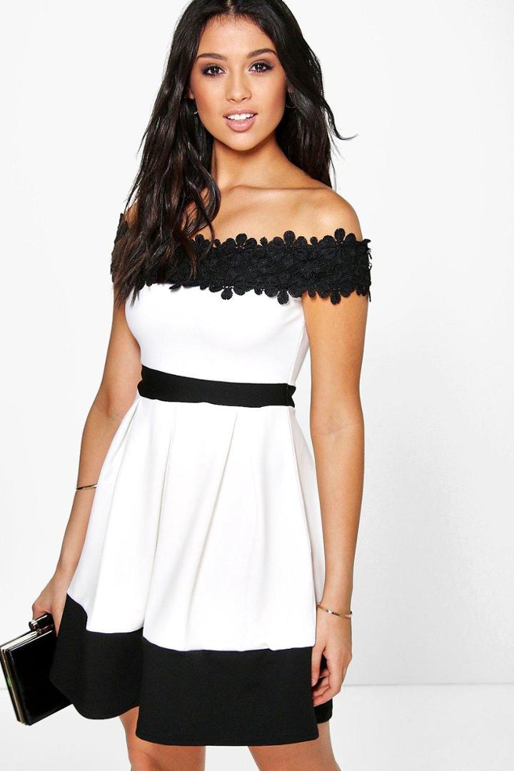 Boohoo Gia Lace Off The Shoulder Contrast Skater Dress Ivory