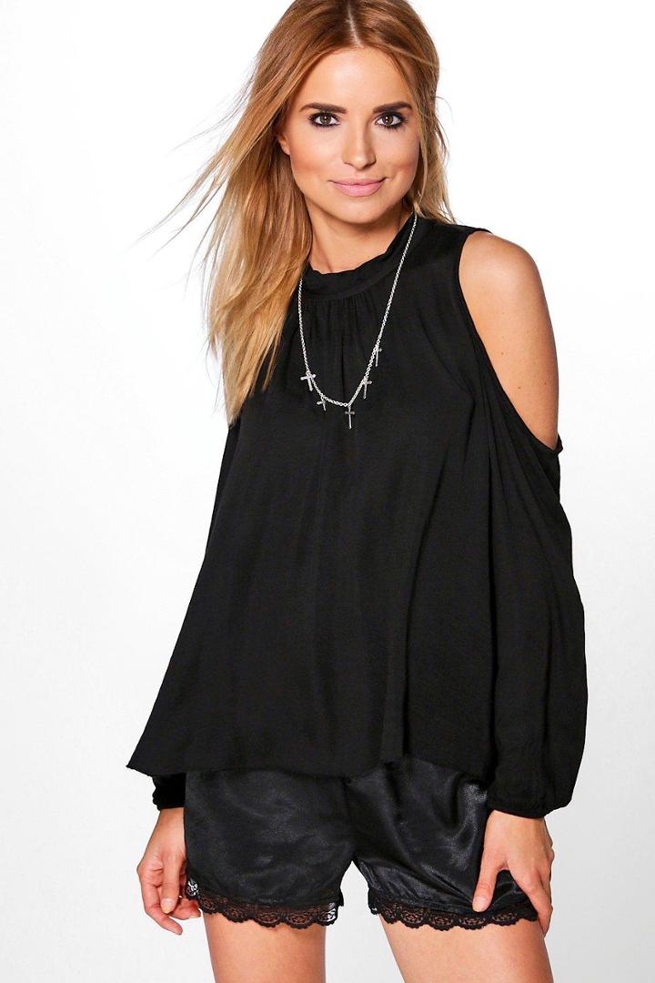 Boohoo Harriet High Neck Cold Shoulder Top Black