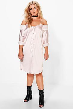 Boohoo Plus Dottie Cold Shoulder Satin Shirt Dress