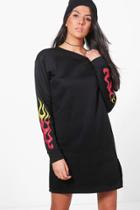 Boohoo Kylie Flame Printed Sleeve Split Hem Sweat Dress Black
