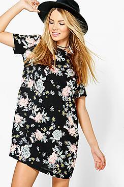 Boohoo Jeanie Floral Woven Cap Sleeve Shift Dress