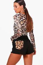 Boohoo Petite Lois Raw Edge Leopard Print Patchwork Shorts