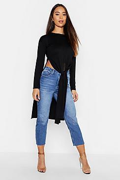 Boohoo Jumbo Rib Tie Front Split Back Top