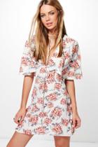 Boohoo Rudy Cape Front Floral Tea Dress White