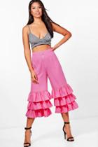 Boohoo Polly Ruffle Hem Woven Wide Leg Trousers Fuchsia