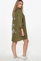 Boohoo Plus Ava Embroidered Back Shirt Dress Khaki