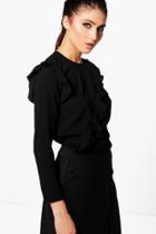 Boohoo Naomi Asymmetric Ruffle Long Sleeve Top Black
