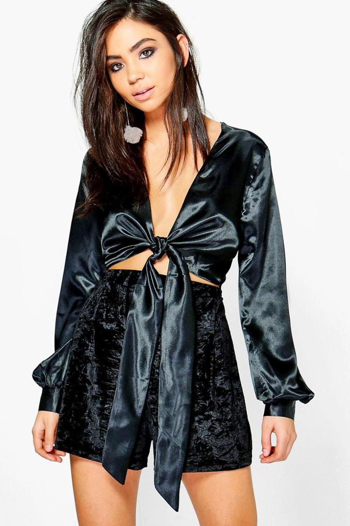Boohoo Katherine Satin Knot Front Long Sleeve Blouse Black