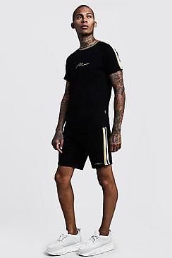 Boohoo Gold Man Tee & Short Set With Side Tape