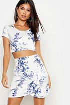 Boohoo Recycled Blue Floral Frill Front Mini Skirt