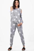 Boohoo Rebecca Star Printed Cold Shoulder Jogger Set Grey
