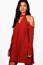 Boohoo Charlotte Woven Cold Shoulder Cut Out Shift Dress Rust