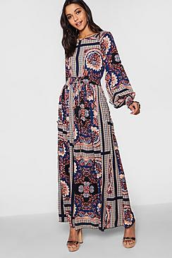 Boohoo Lyrai Shirred Waist Scarf Print Maxi Dress