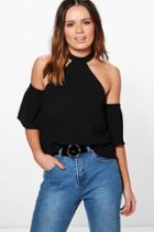 Boohoo Nicola High Neck Cold Shoulder Top Black