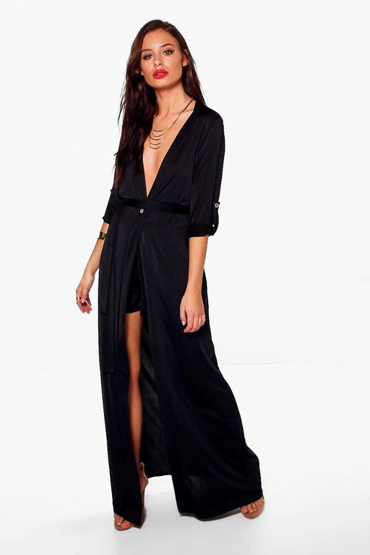 Boohoo Audrina Tie Waist Duster & Shorts Co-ord Set Black