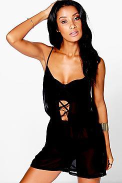 Boohoo Erin Lace Up Front Beach Playsuit