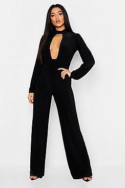 Boohoo Slinky Gathered Keyhole Wide Leg Jumpsuit