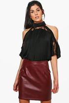 Boohoo Heidi Lace Insert High Neck Cold Shoulder Blouse