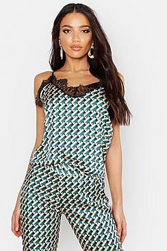 Boohoo Satin Lace Trim Geo Print Cami