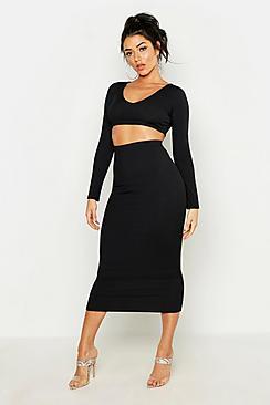 Boohoo Long Sleeve Crop & Midaxi Skirt Rib Co-ord