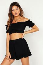 Boohoo Crinkle Fabric Frill Bardot Top & Short Co-ord