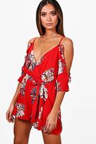 Boohoo Laurie Floral Open Shoulder Ruffle Playsuit
