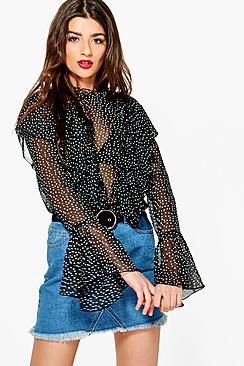 Boohoo Sabrina Spot Ruffle High Neck Blouse