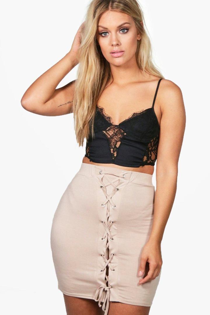 Boohoo Plus Evie Front Lace Up Mini Skirt Stone