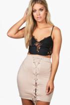 Boohoo Plus Evie Front Lace Up Mini Skirt Stone