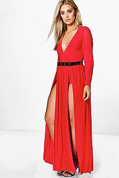 plus slinky plunge split maxi dress