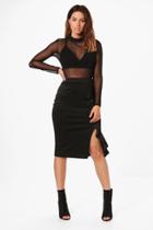 Boohoo Mya Ruffle Front Split Scuba Midi Skirt Black