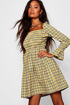Boohoo Square Neck Checked Smock Dress