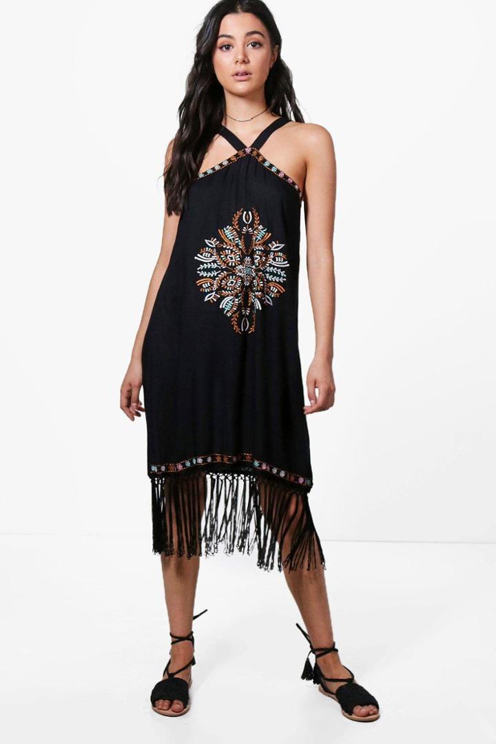 Boohoo Boutique Frey Embroidered Tassel Hem Shift Dress Black