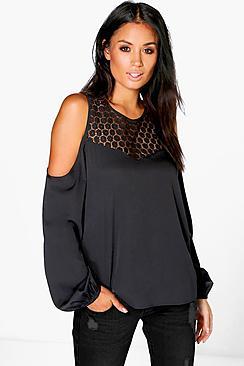 Boohoo Grace Lace Neck Cold Shoulder Woven Top