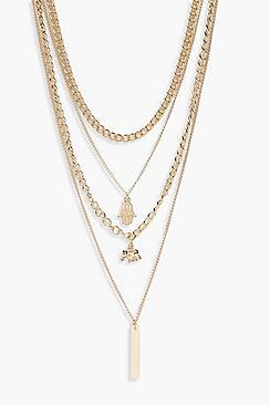 Boohoo Hannah Hamsa Elephant Bar Layered Necklace