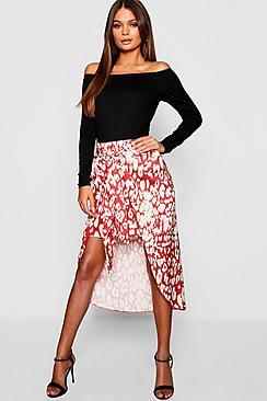 Boohoo Leopard Satin Wrap Midaxi Skirt