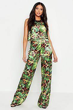 Boohoo Tall Satin Tropical Leopard Ruffle Trousers