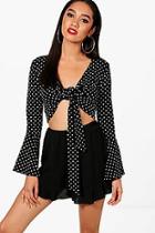 Boohoo Petite Paige Spot Print Knot Front Frill Sleeve Top