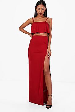 Boohoo Hanna Frill Crop & Split Maxi Skirt Co-ord