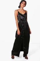 Boohoo Suzie Satin Strappy Button Maxi Dress Black