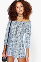 Boohoo Amy Blue Print Off The Shoulder Playsuit Blue
