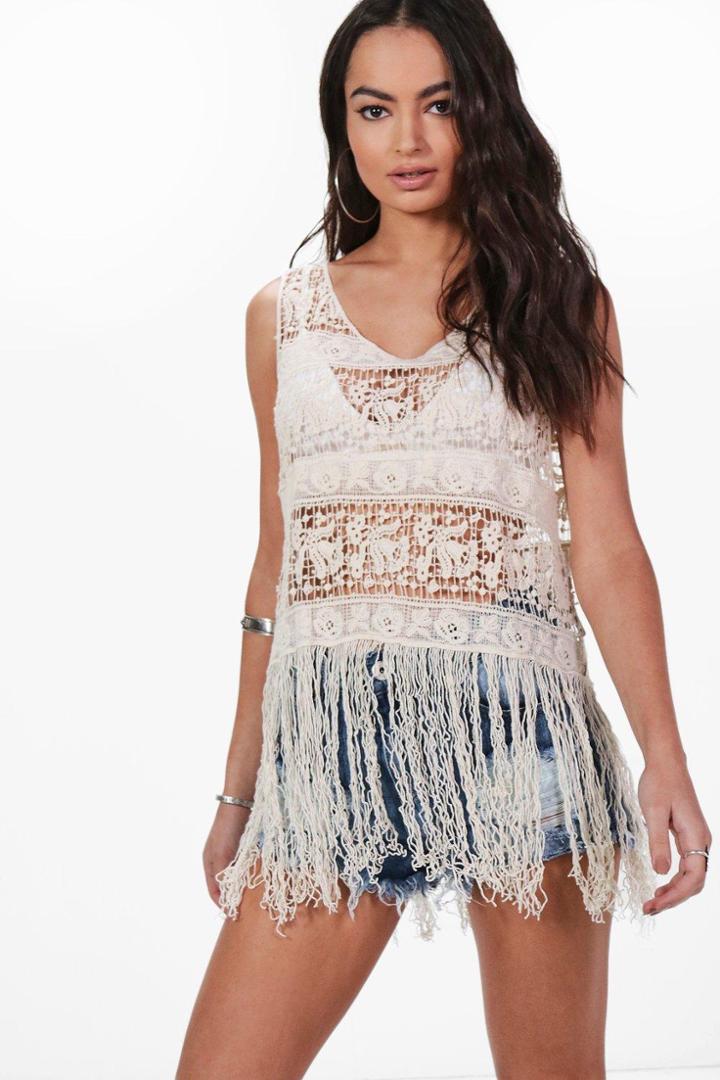 Boohoo Lucy Tassel Hem Crochet Tank Top Cream