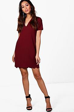 Boohoo Petite Scallop Hem Plunge Shift Dress